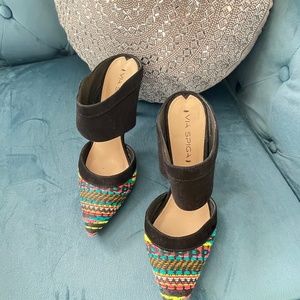 Authentic VIA SPIGA mule, multi color, fabric with leather sole